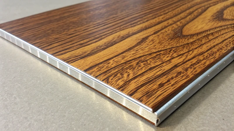 Close-up of an aluminum panel with wood grain finish
