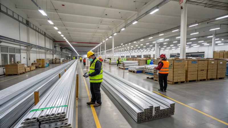 Interior of a busy factory producing aluminum extrusions