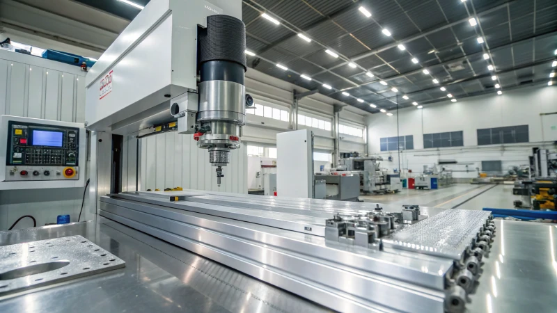 CNC machining workshop with a large machine processing aluminum profiles