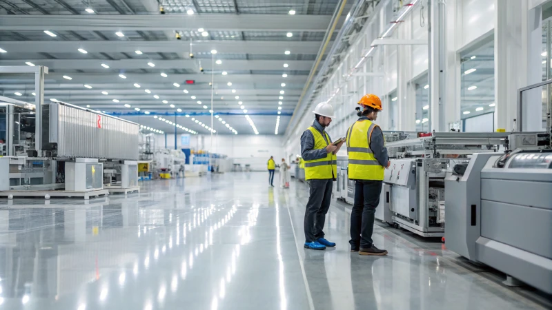 Workers in safety gear inspecting machinery in an aluminum manufacturing plant.
