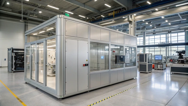 A modern industrial facility with a sleek aluminum equipment enclosure