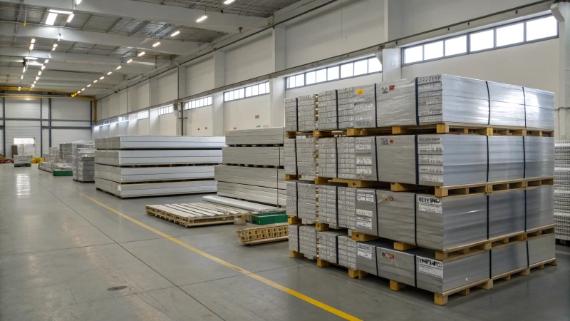 Warehouse with aluminum profiles packed on pallets